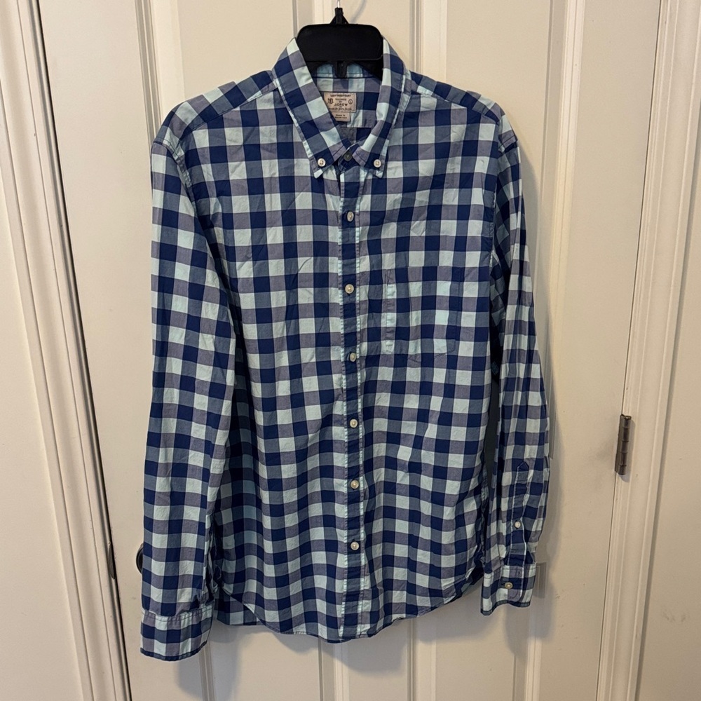 J. Crew Tailored Fit Navy and Light Blue Gingham Button-Down Shirt